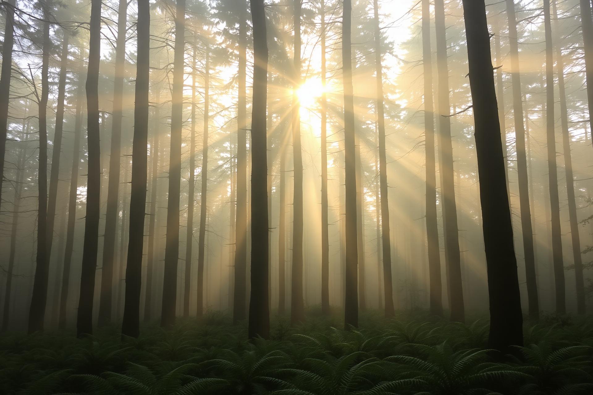 Sunlit misty forest